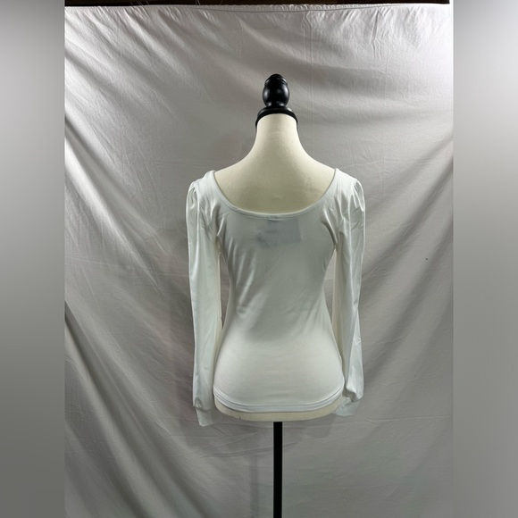 White Scoop Neck Rib Knit Lantern Sleeve Tee - Picture 7 of 7